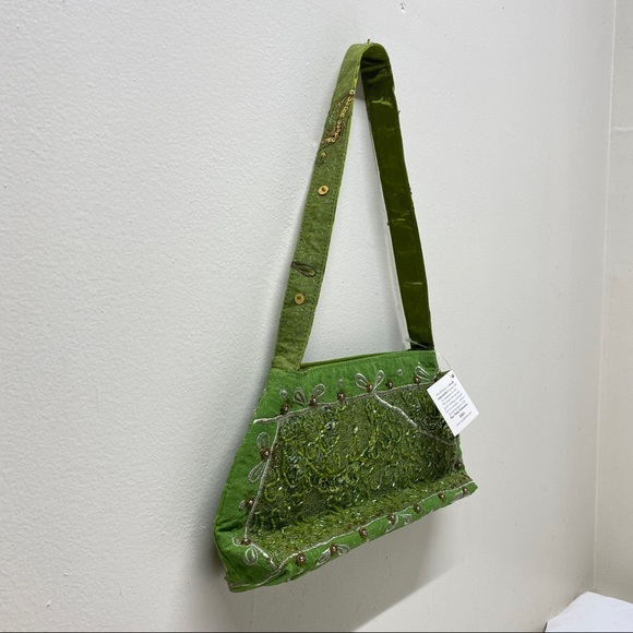 NWT World Finds Green Indian Sari Bowling Handmade Beaded Handbag - Picture 5 of 15